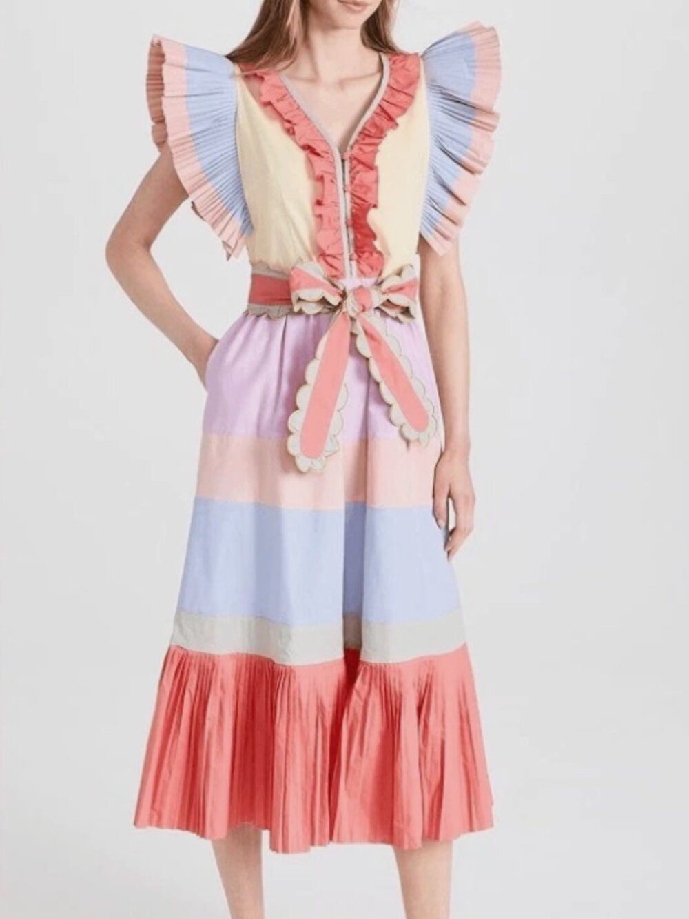 CeliaB Marcellene Ruffle Pleated Midi Dress Pastel Colorblock
